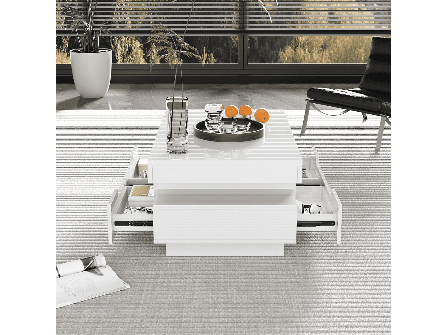 Coffee table with LED lighting - glossy finish - 4 drawers (front and back) - White