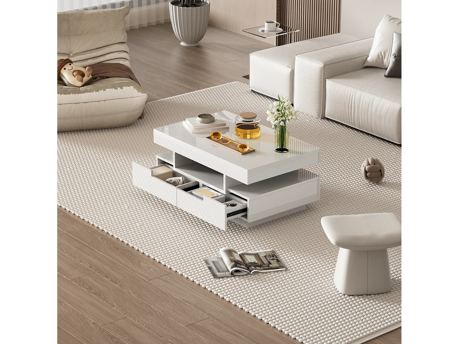 Coffee table with LED lighting - glossy finish - 4 drawers (front and back) - White