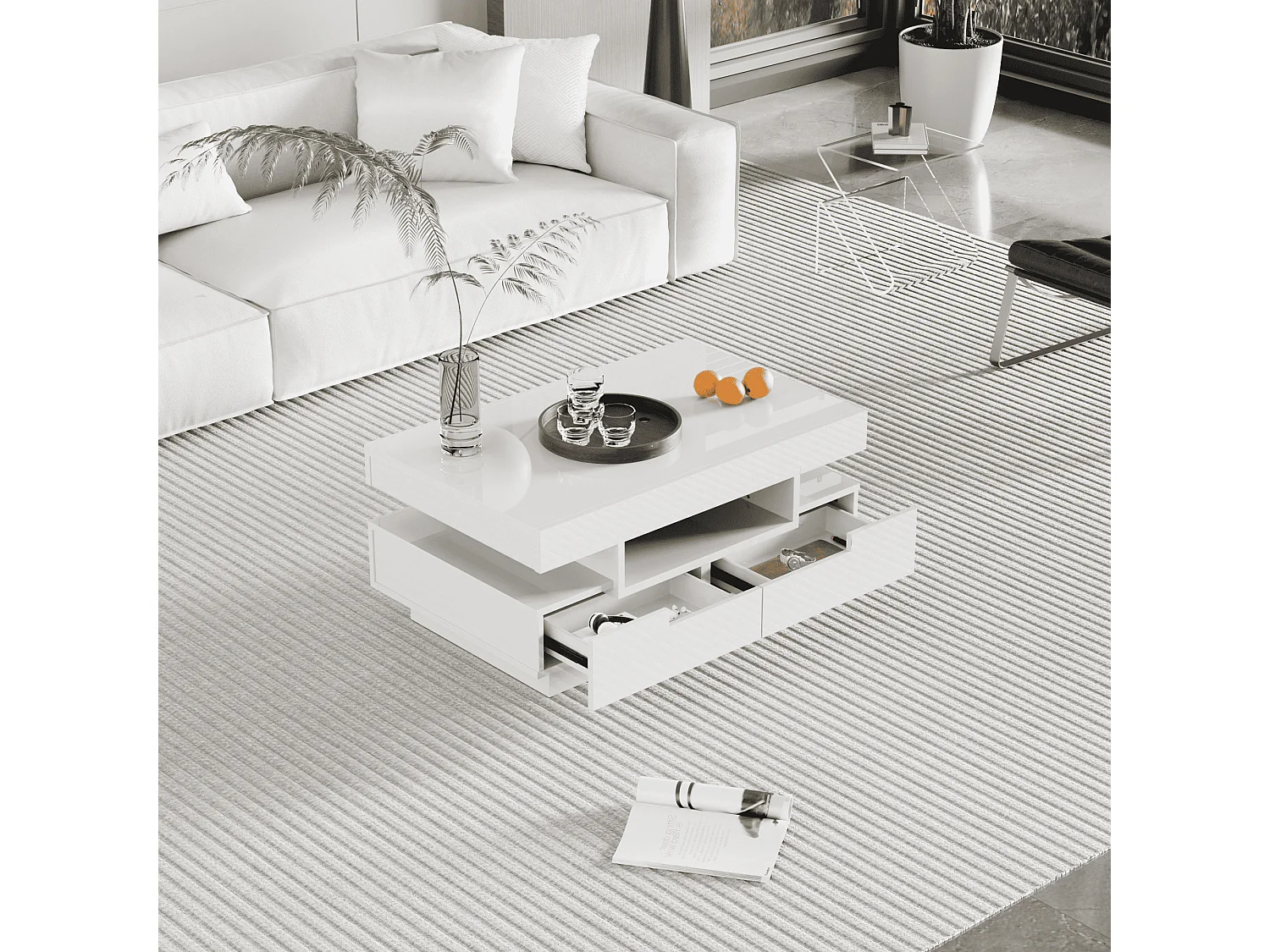 Coffee table with LED lighting - glossy finish - 4 drawers (front and back) - White