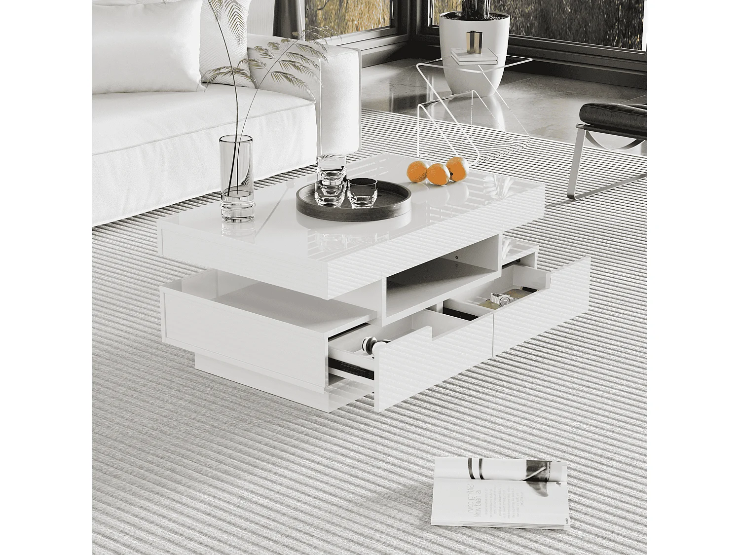 Coffee table with LED lighting - glossy finish - 4 drawers (front and back) - White