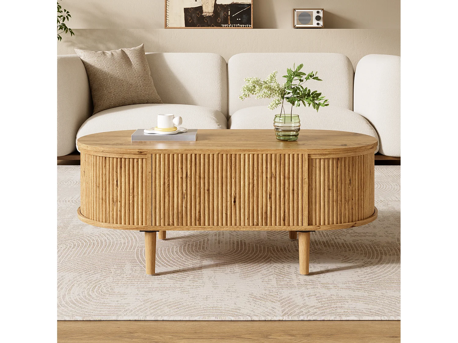 Ovale uitschuifbare salontafel met golvend patroon - met opbergruimte - poten van massief hout - houtlook - MDF - naturel