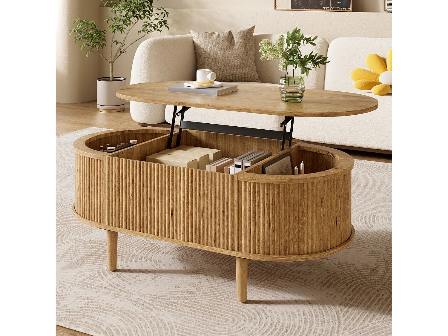 Ovale uitschuifbare salontafel met golvend patroon - met opbergruimte - poten van massief hout - houtlook - MDF - naturel