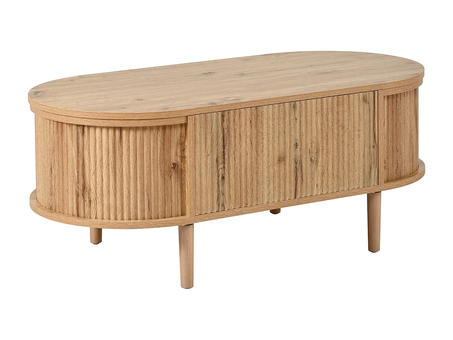 Ovale uitschuifbare salontafel met golvend patroon - met opbergruimte - poten van massief hout - houtlook - MDF - naturel