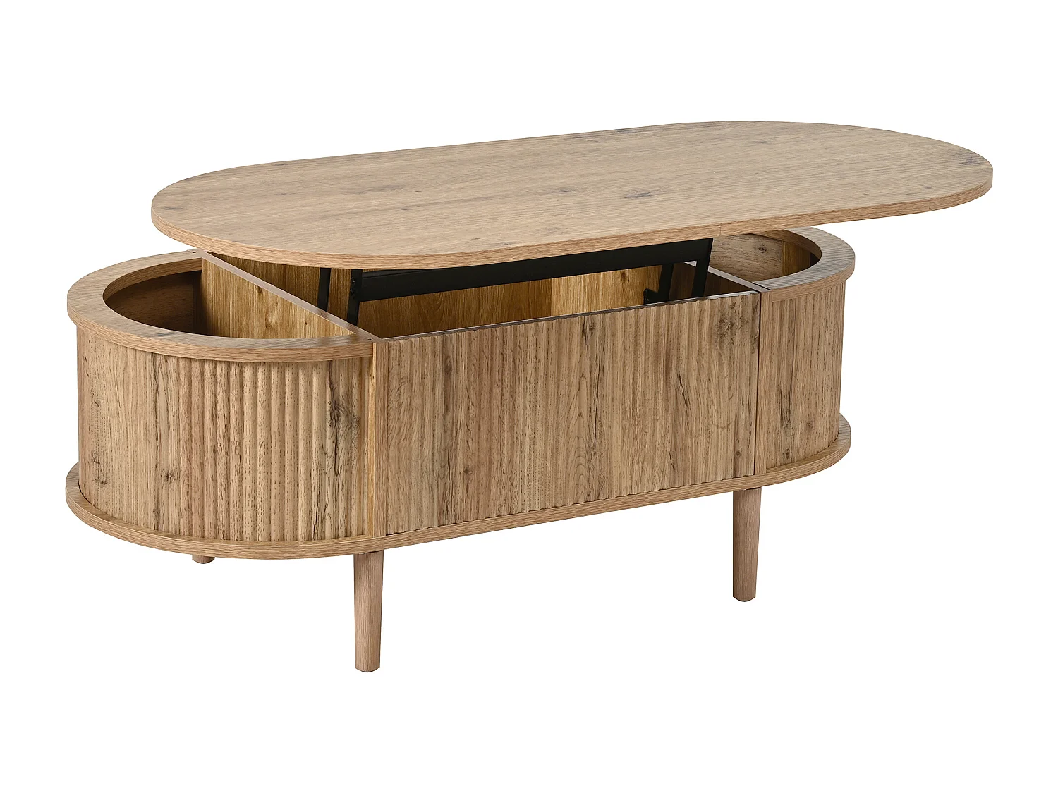 Ovale uitschuifbare salontafel met golvend patroon - met opbergruimte - poten van massief hout - houtlook - MDF - naturel
