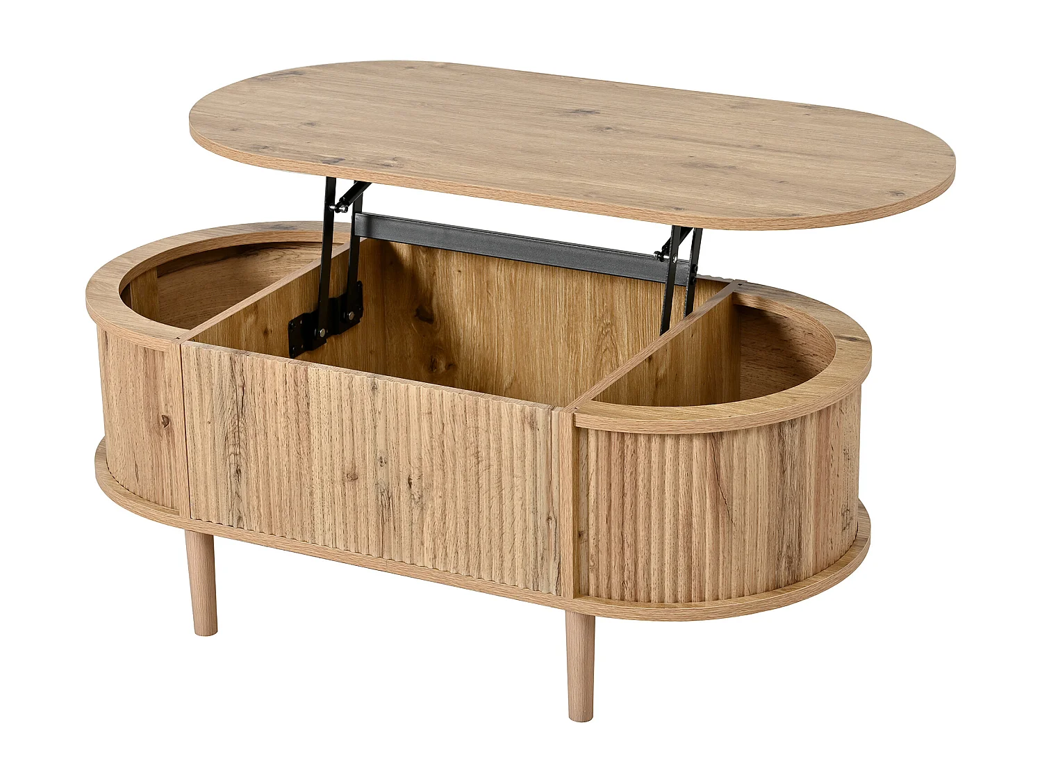 Ovale uitschuifbare salontafel met golvend patroon - met opbergruimte - poten van massief hout - houtlook - MDF - naturel