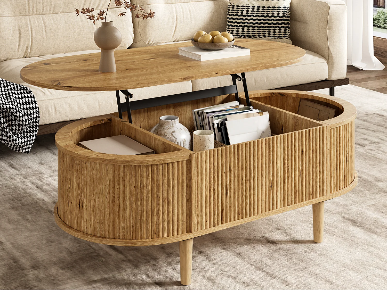 Ovale uitschuifbare salontafel met golvend patroon - met opbergruimte - poten van massief hout - houtlook - MDF - naturel