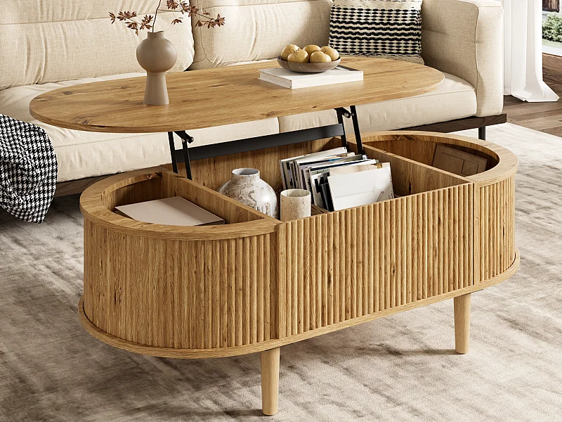 Tavolino da caffè ovale sollevabile con motivo ondulato - con spazio di contenimento - gambe in legno massiccio - effetto legno - MDF - naturale