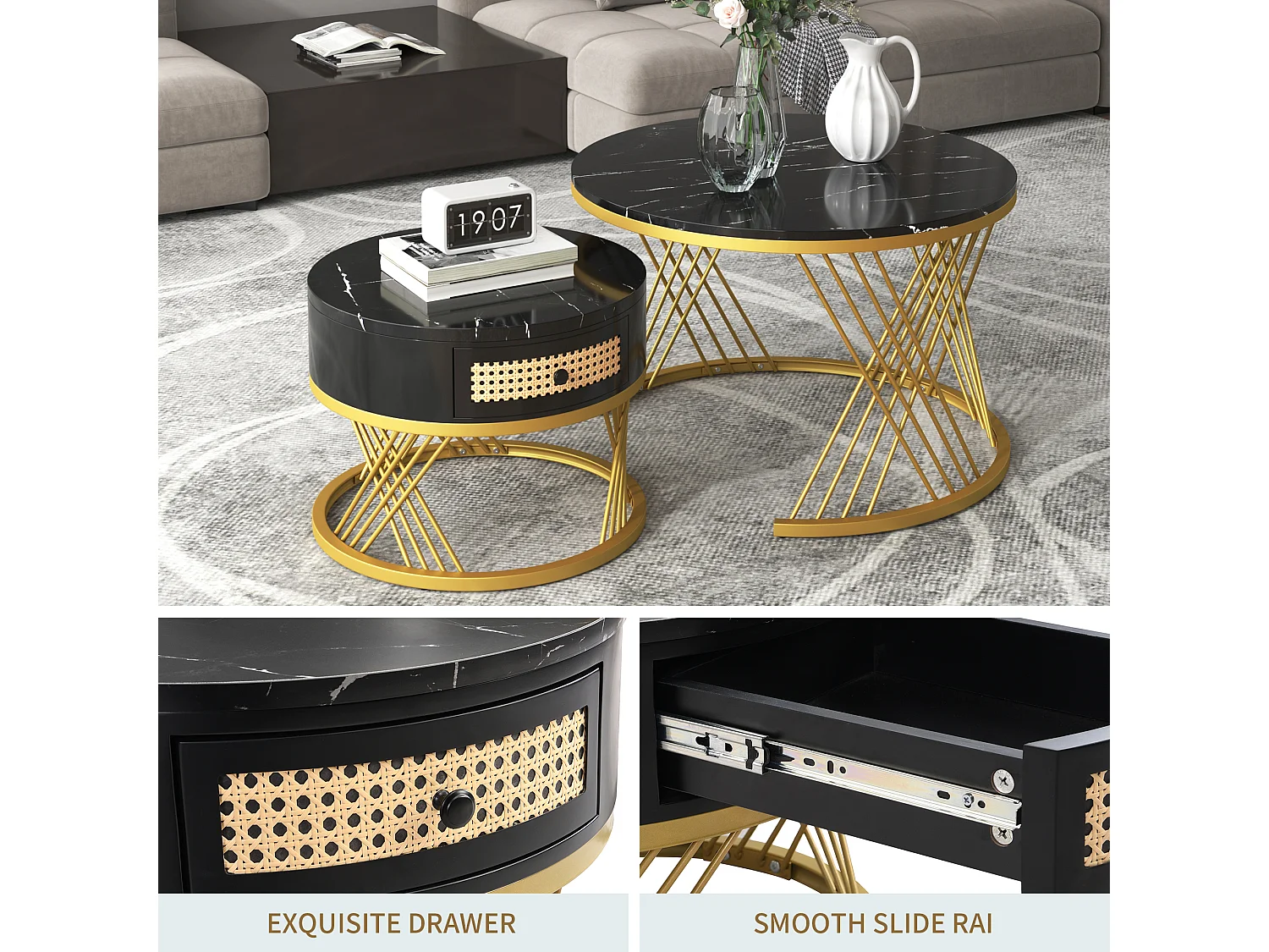 Set of 2 nesting coffee tables - marble effect top - black