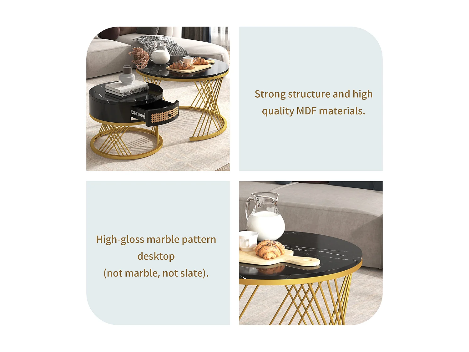 Set of 2 nesting coffee tables - marble effect top - black