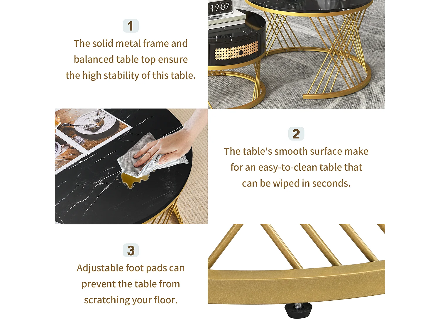 Set of 2 nesting coffee tables - marble effect top - black