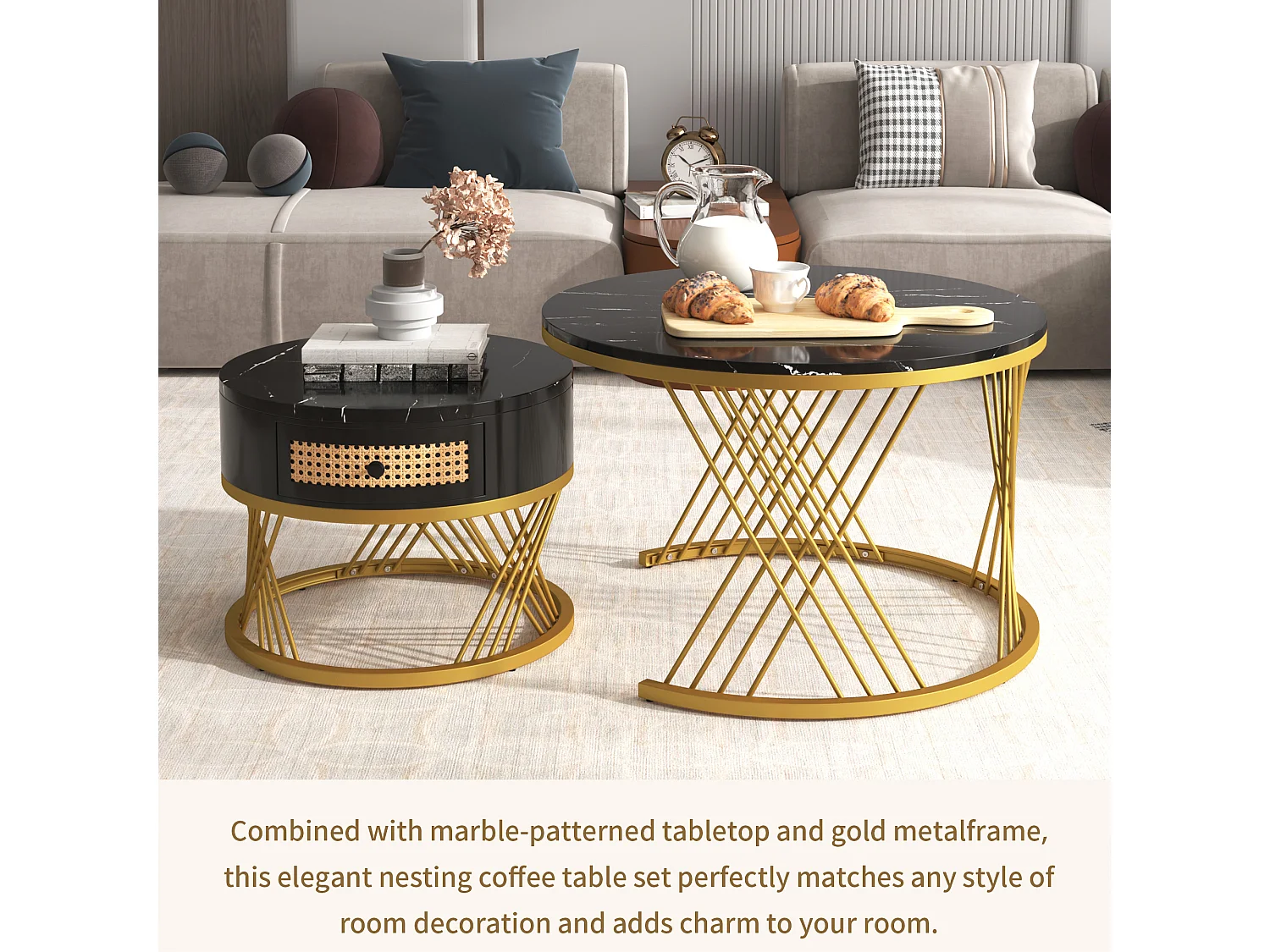 Set of 2 nesting coffee tables - marble effect top - black