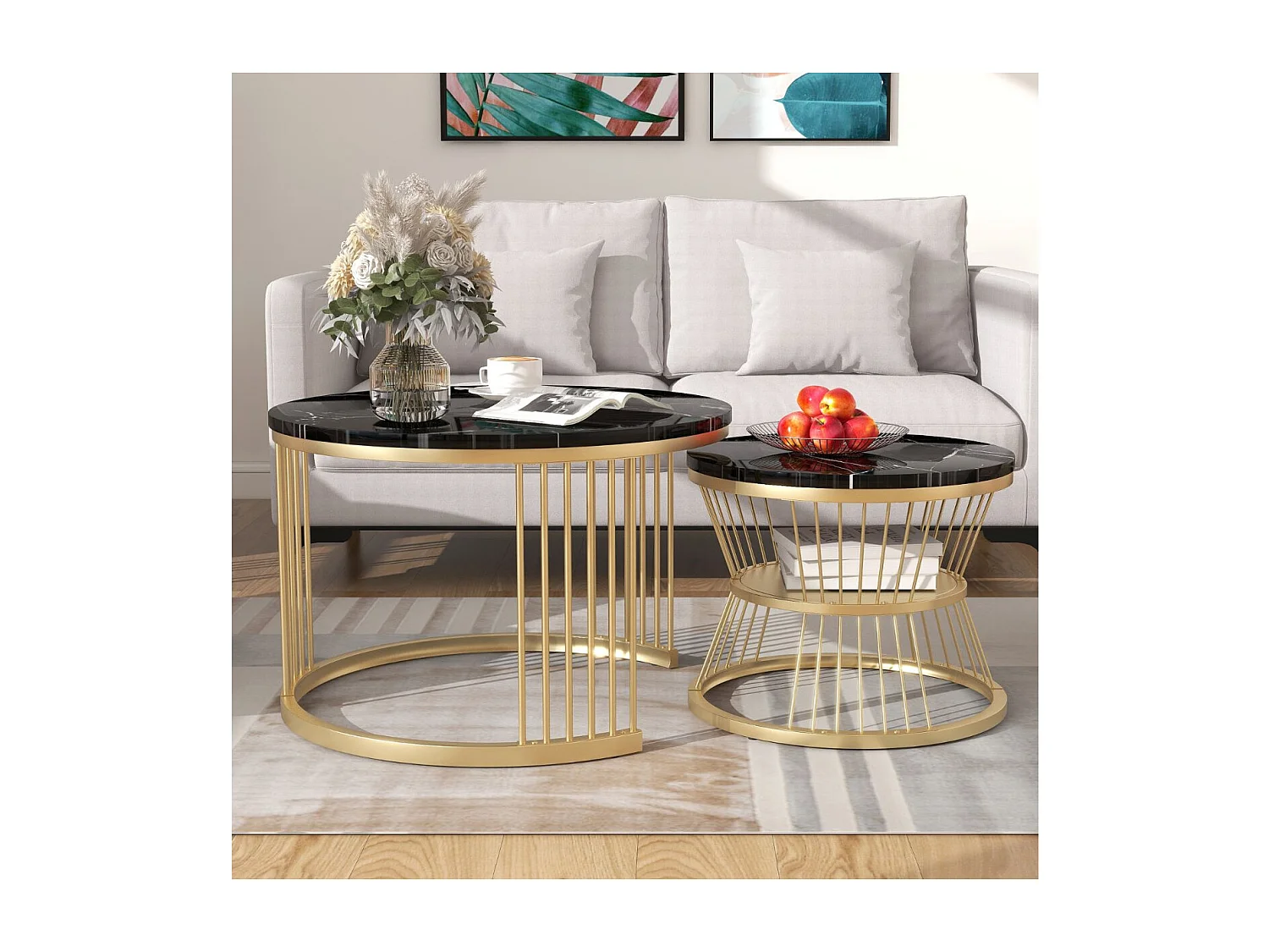 Lot de 2 tables basses gigognes rondes effet marbre, table basse avec structure métal doré, tables salon design moderne，Noir