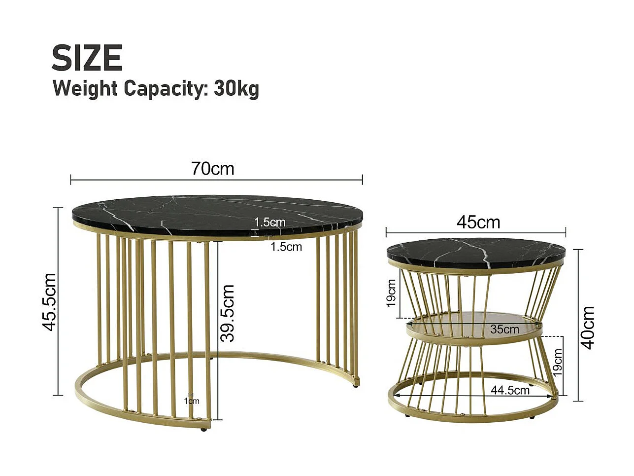 Lot de 2 tables basses gigognes rondes effet marbre, table basse avec structure métal doré, tables salon design moderne，Noir