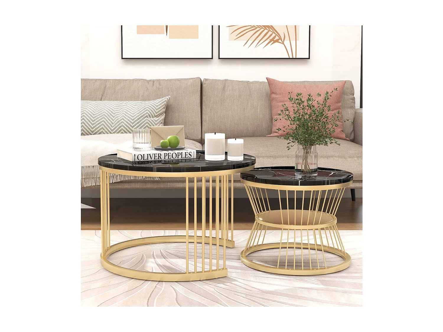 Lot de 2 tables basses gigognes rondes effet marbre, table basse avec structure métal doré, tables salon design moderne，Noir