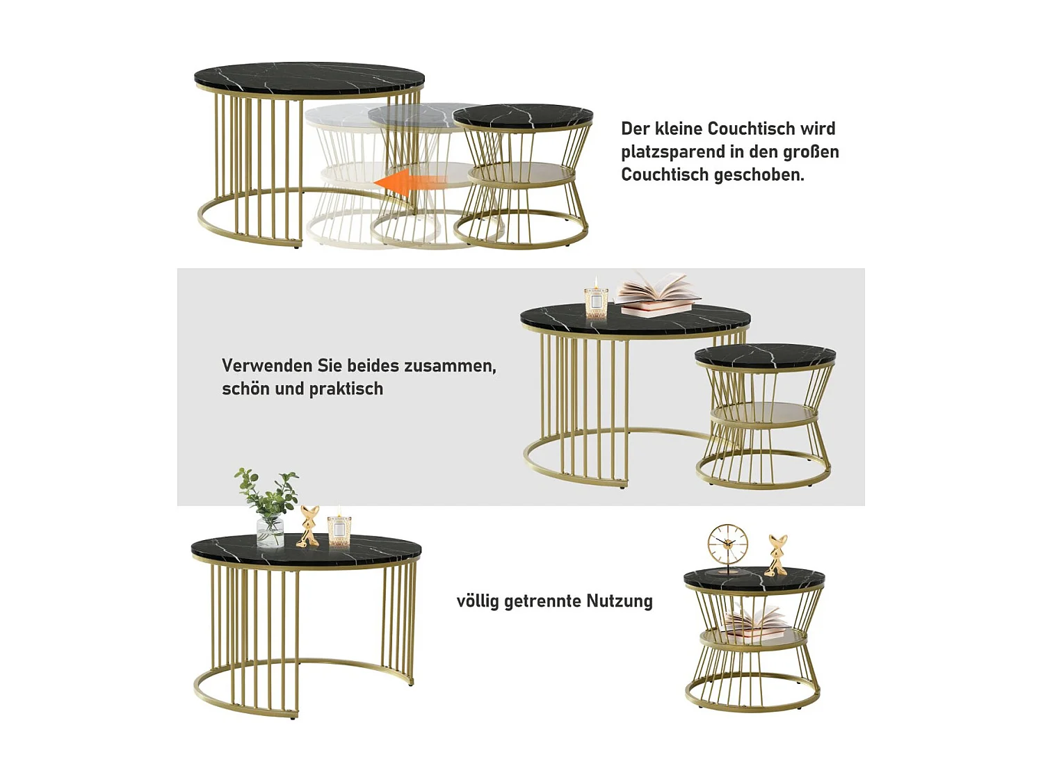 Lot de 2 tables basses gigognes rondes effet marbre, table basse avec structure métal doré, tables salon design moderne，Noir