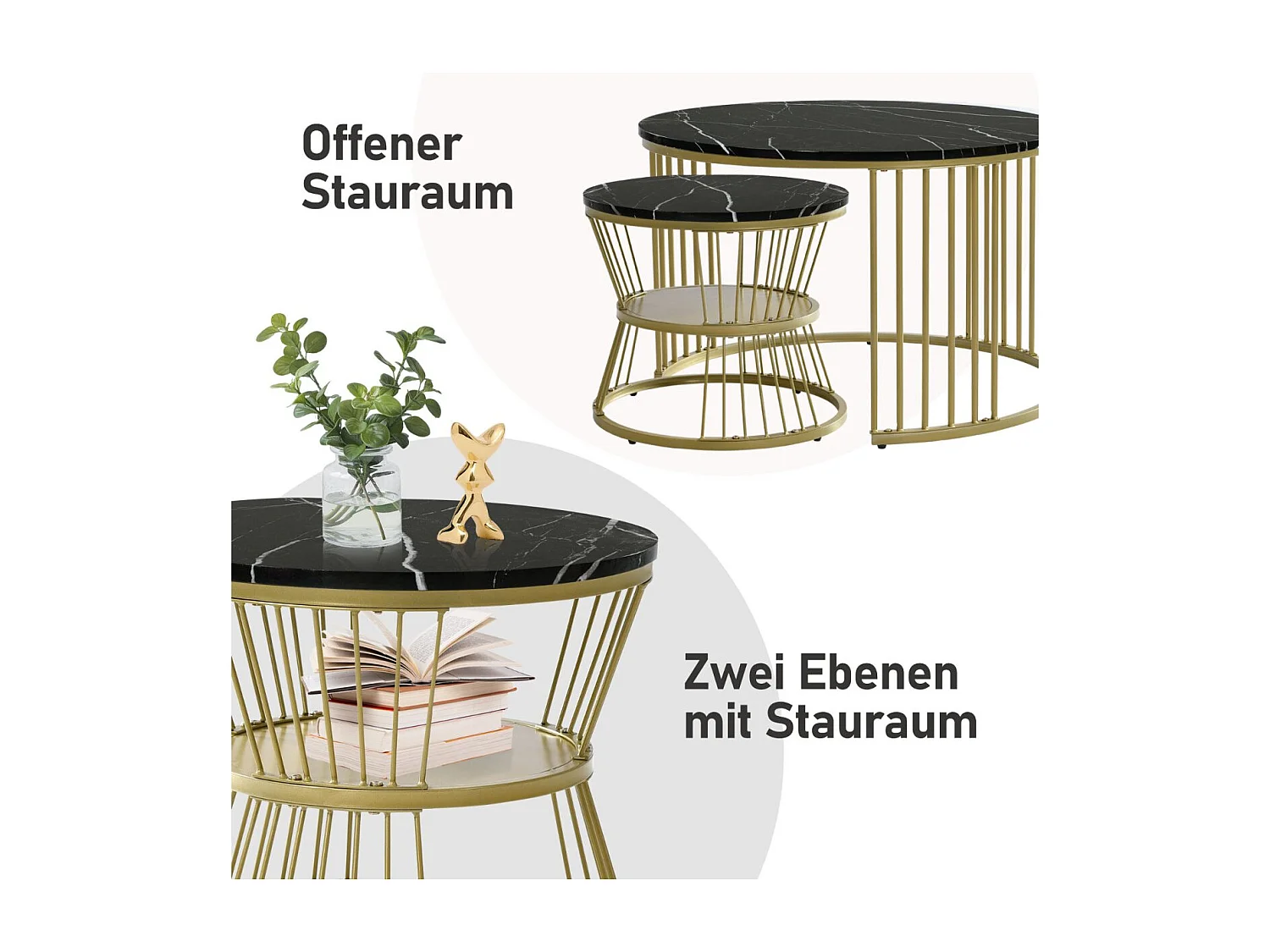 Lot de 2 tables basses gigognes rondes effet marbre, table basse avec structure métal doré, tables salon design moderne，Noir