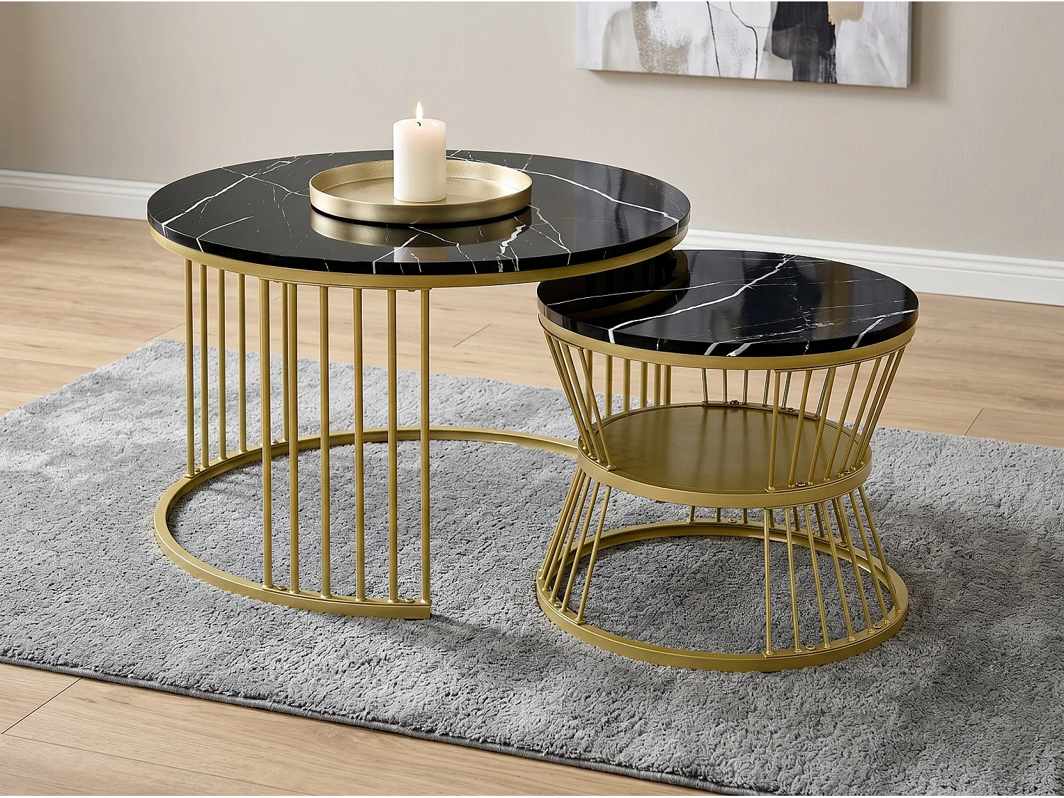 Lot de 2 tables basses gigognes rondes effet marbre, table basse avec structure métal doré, tables salon design moderne，Noir