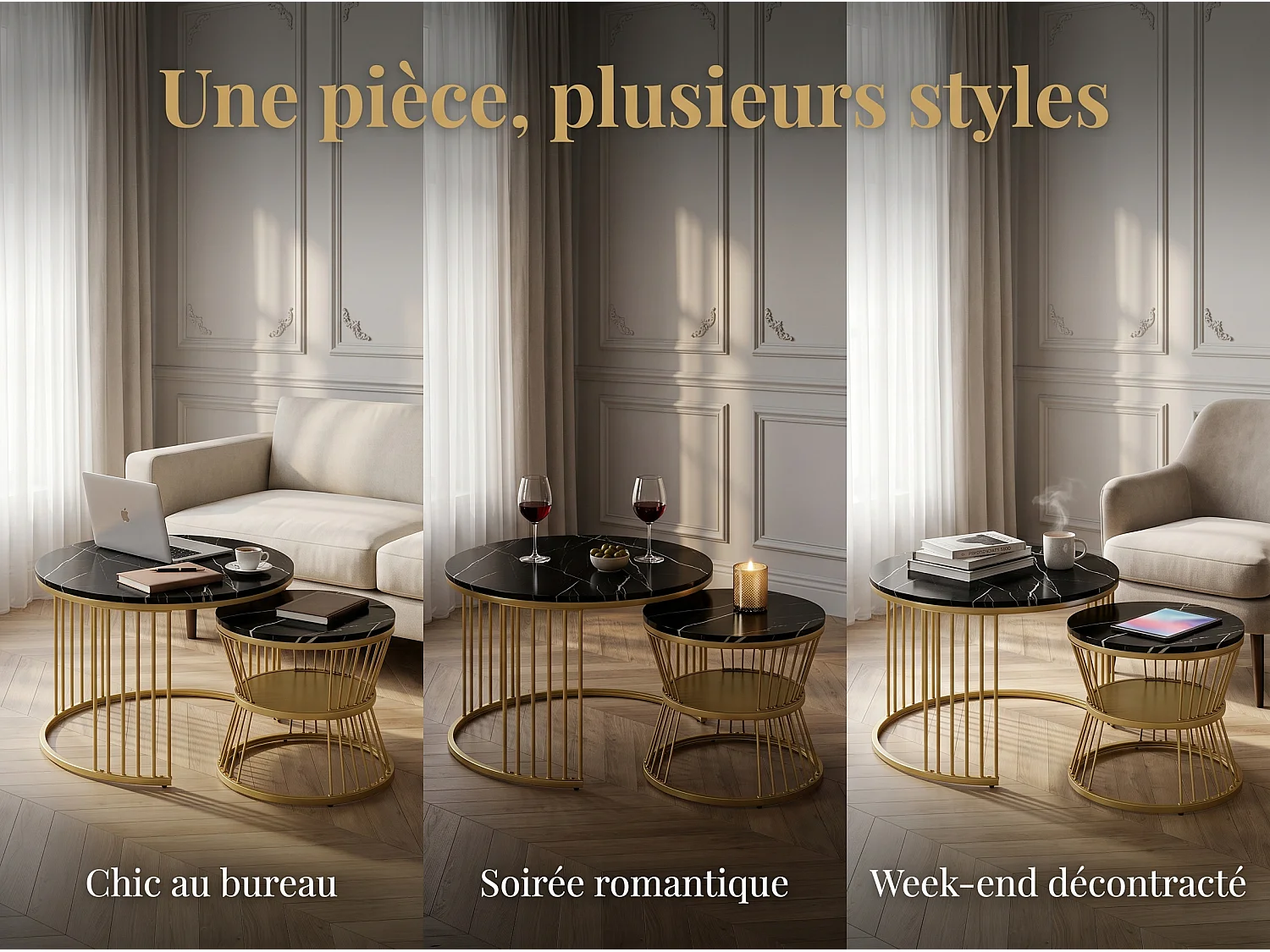 Lot de 2 tables basses gigognes rondes effet marbre, table basse avec structure métal doré, tables salon design moderne，Noir