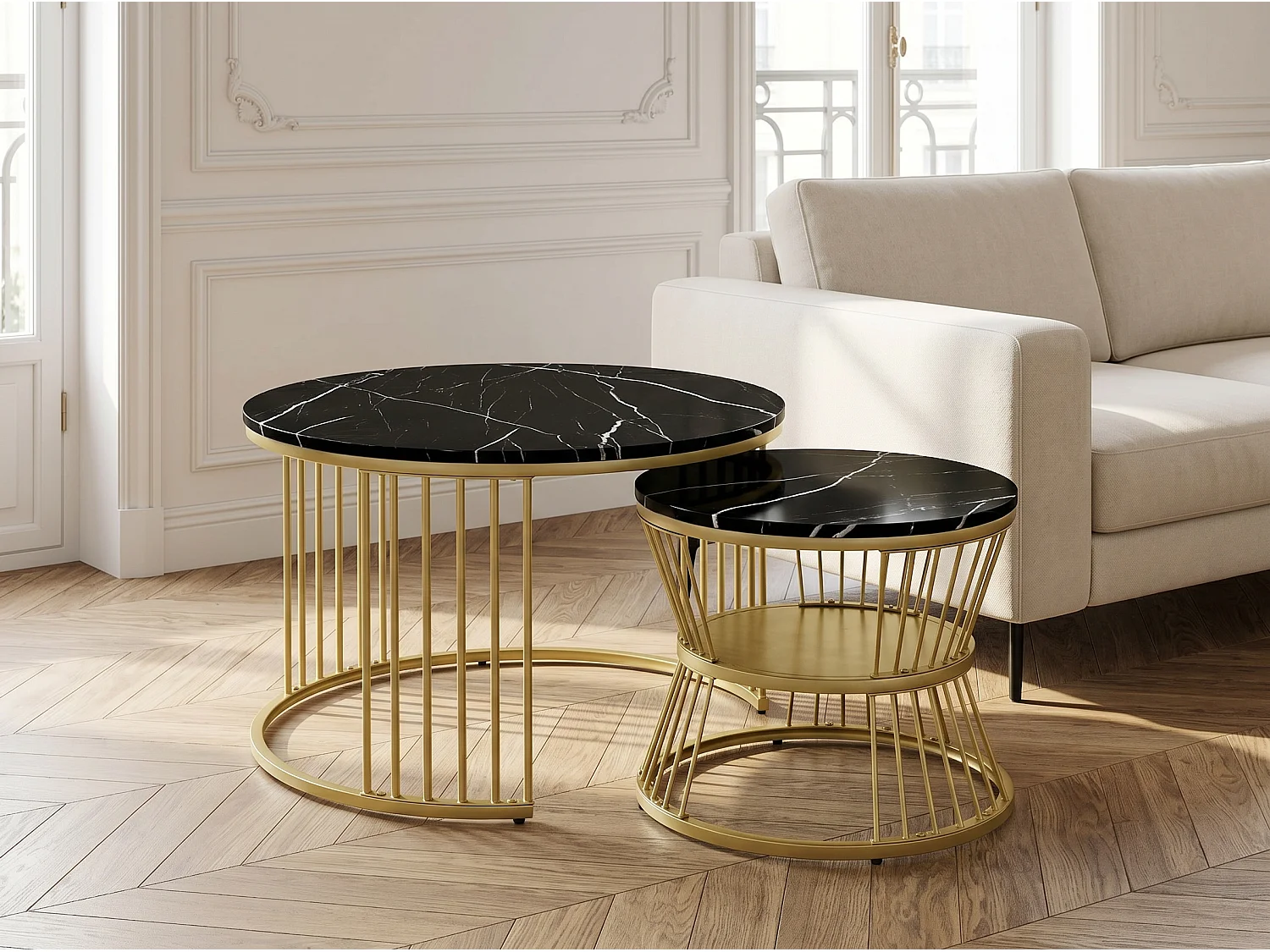 Lot de 2 tables basses gigognes rondes effet marbre, table basse avec structure métal doré, tables salon design moderne，Noir