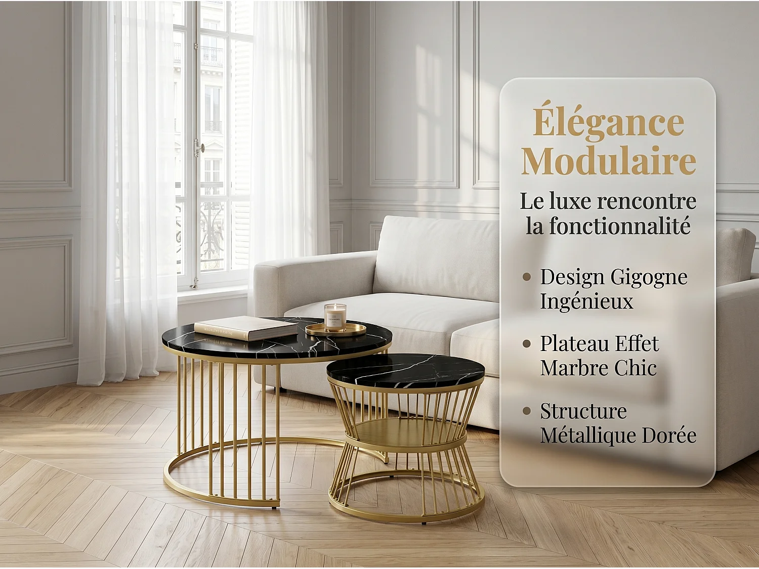 Lot de 2 tables basses gigognes rondes effet marbre, table basse avec structure métal doré, tables salon design moderne，Noir