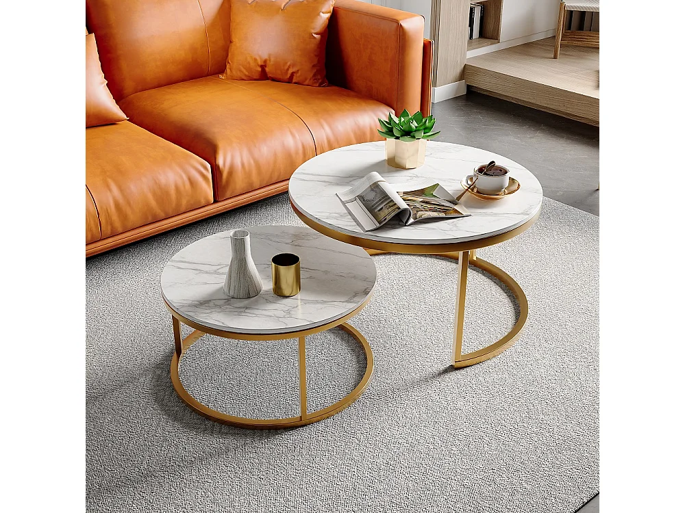 Tables rondes 2pcs - Table de côté moderne avec haut en marbre d'imitation blanc et jambes de cadre métallique - or