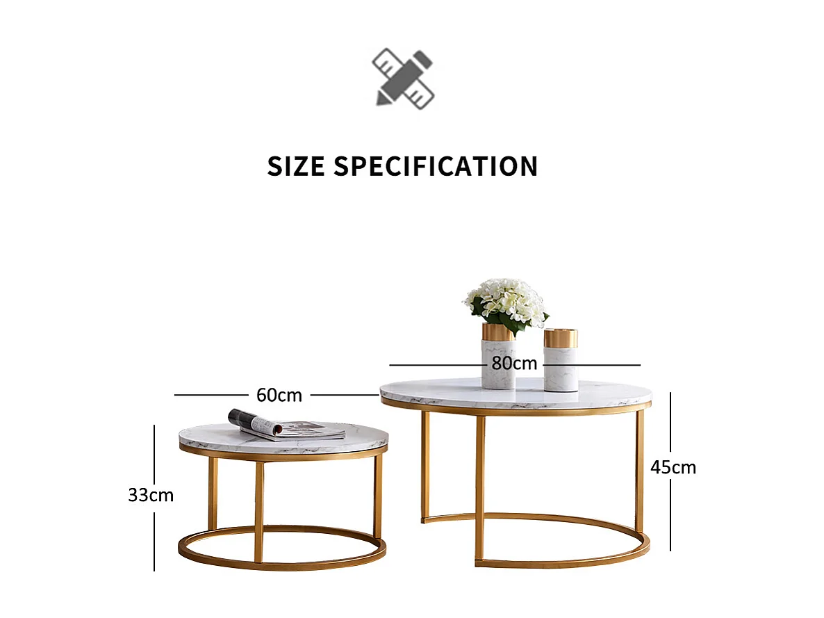 Tables rondes 2pcs - Table de côté moderne avec haut en marbre d'imitation blanc et jambes de cadre métallique - or