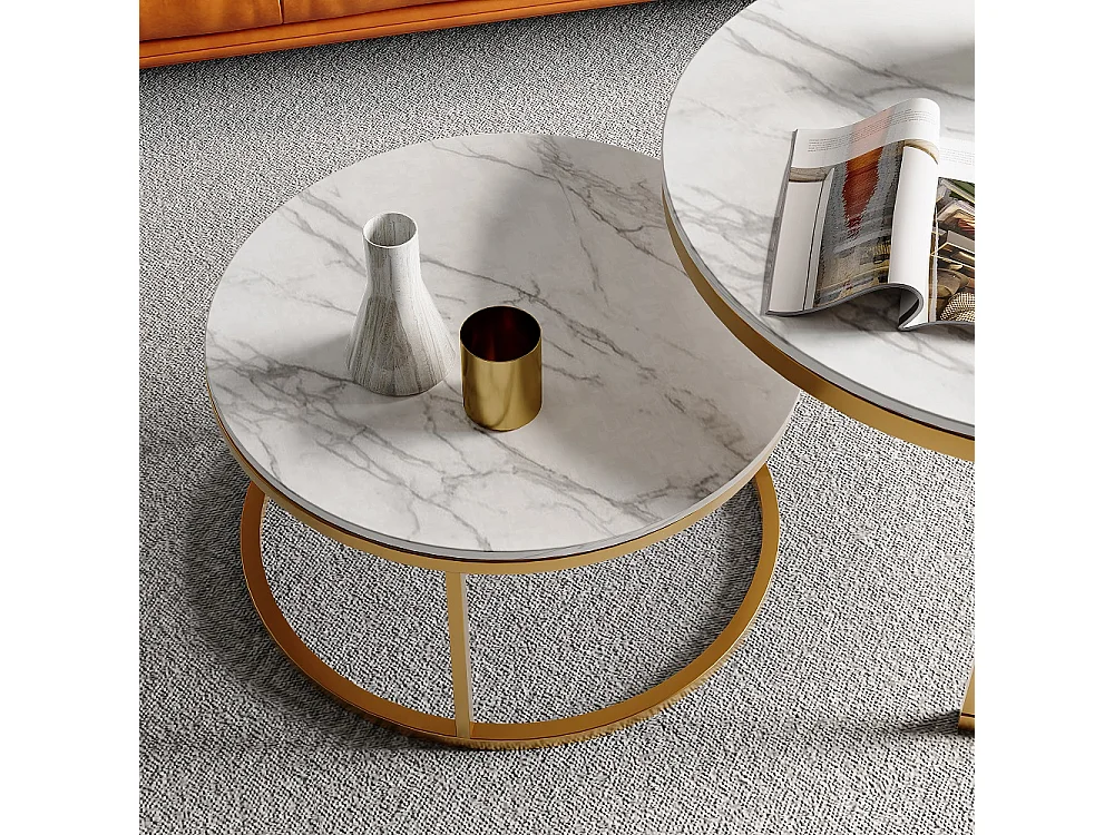 Tables rondes 2pcs - Table de côté moderne avec haut en marbre d'imitation blanc et jambes de cadre métallique - or