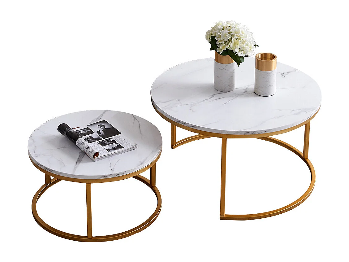 Tables rondes 2pcs - Table de côté moderne avec haut en marbre d'imitation blanc et jambes de cadre métallique - or