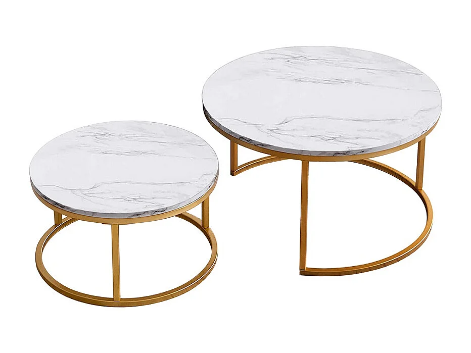 Tables rondes 2pcs - Table de côté moderne avec haut en marbre d'imitation blanc et jambes de cadre métallique - or