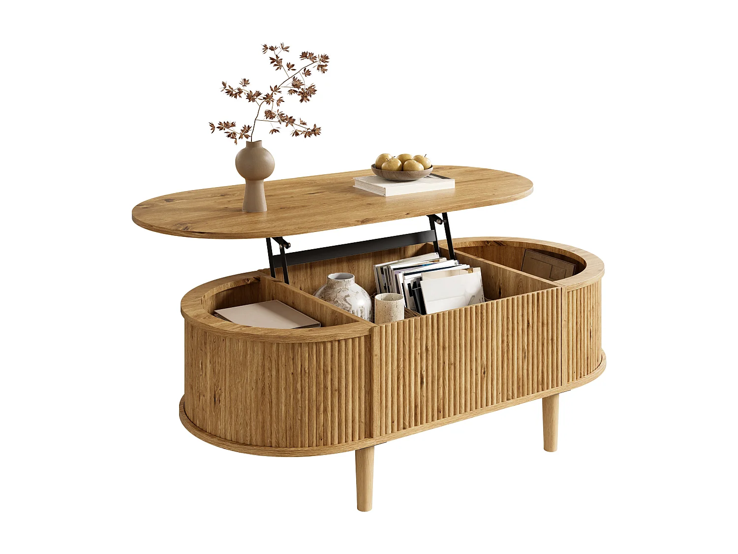 Ovaler Couchtisch mit Hebemechanismus für das Wohnzimmer – 100 x 48 x 54,5 cm – mit Stauraum – MDF – natur