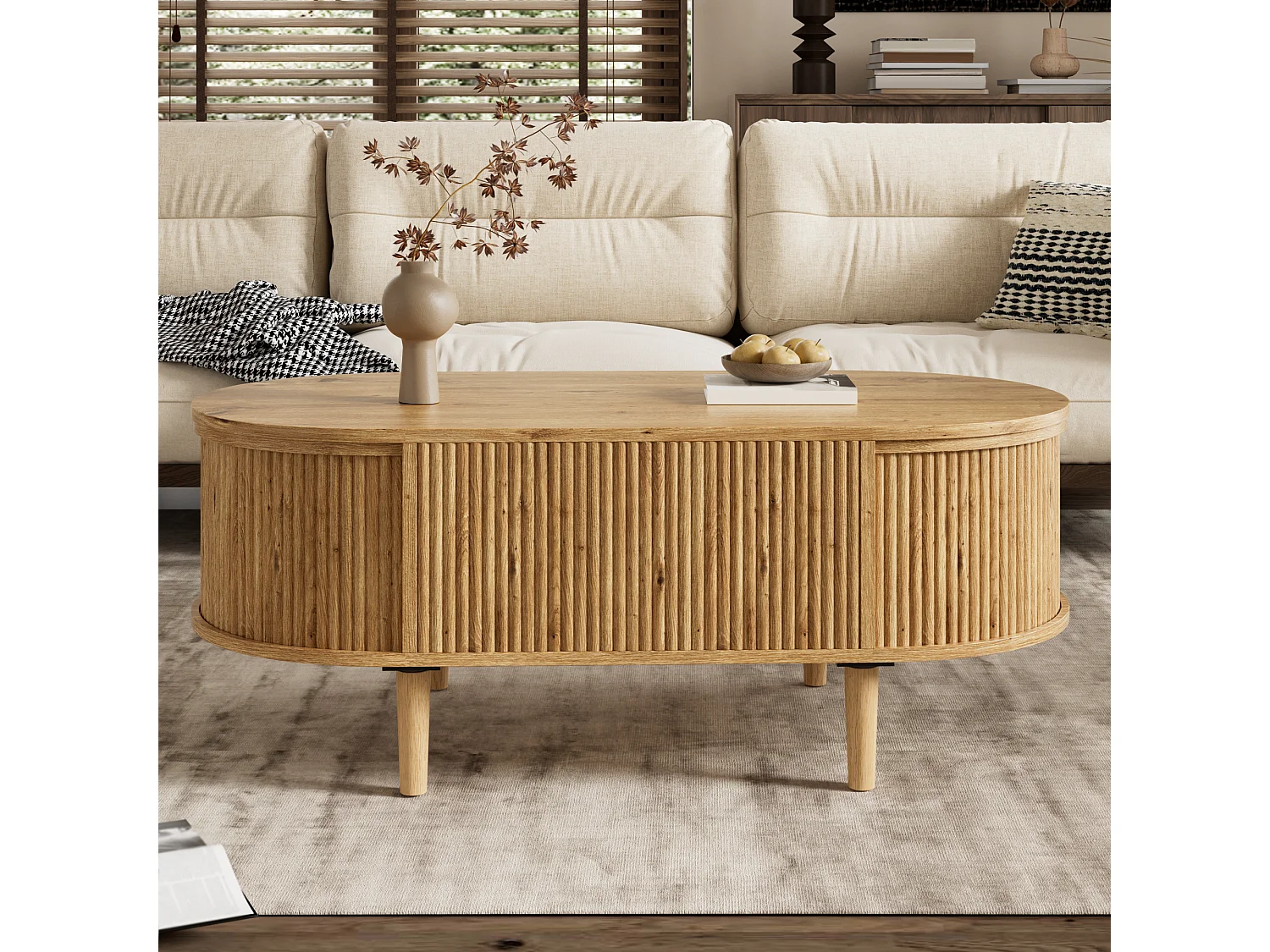Ovaler Couchtisch mit Hebemechanismus für das Wohnzimmer – 100 x 48 x 54,5 cm – mit Stauraum – MDF – natur