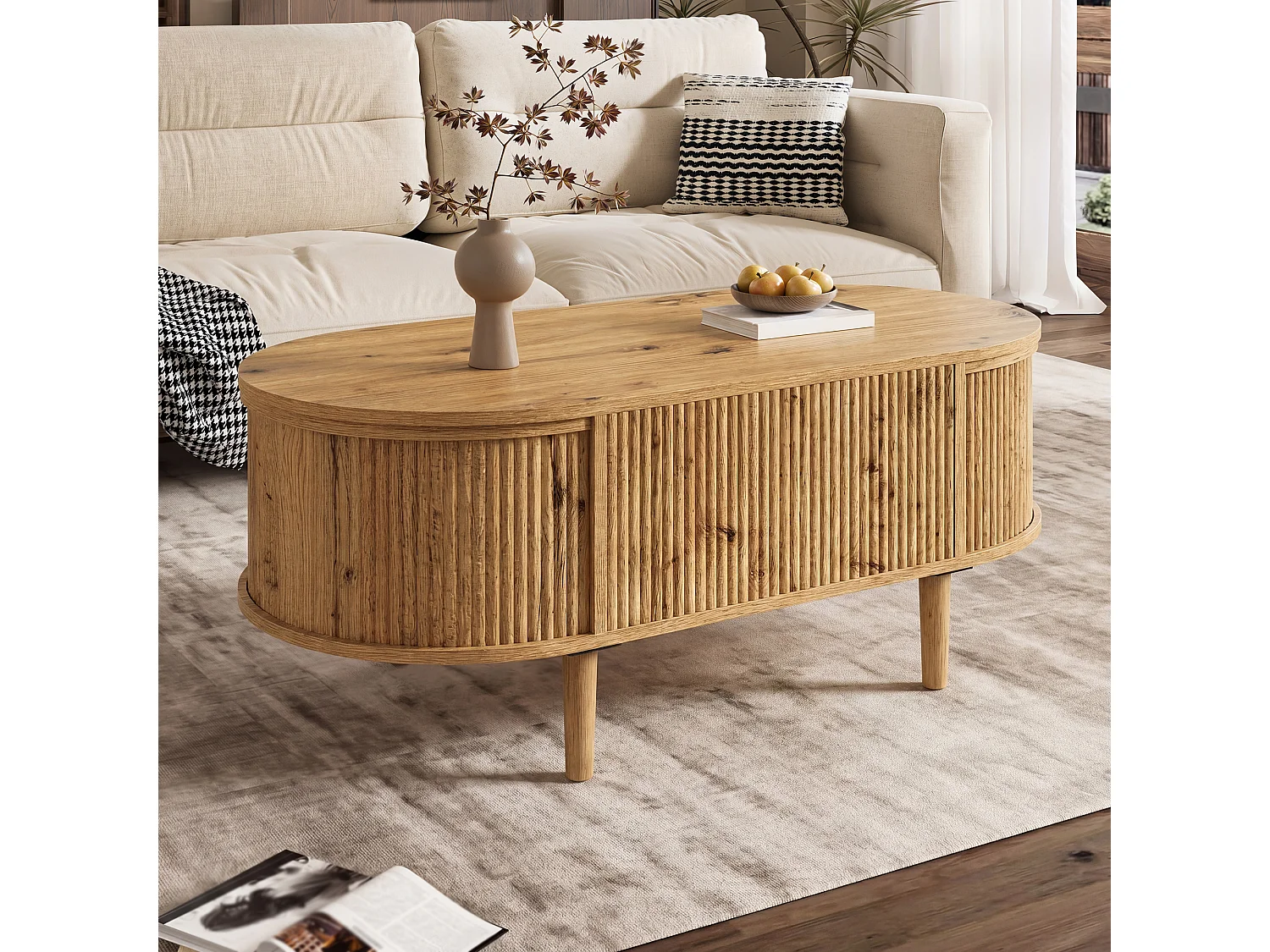 Ovaler Couchtisch mit Hebemechanismus für das Wohnzimmer – 100 x 48 x 54,5 cm – mit Stauraum – MDF – natur