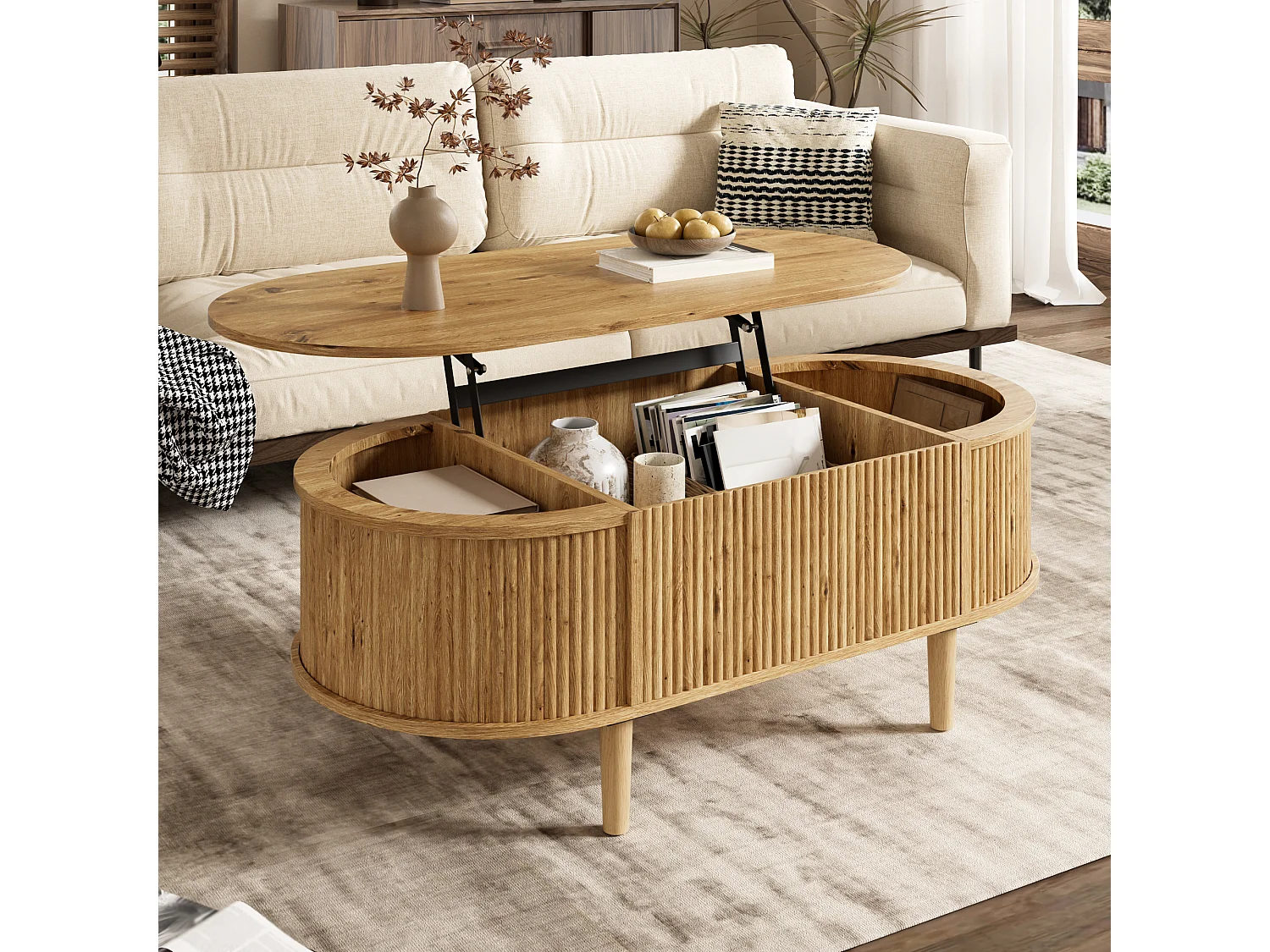 Ovaler Couchtisch mit Hebemechanismus für das Wohnzimmer – 100 x 48 x 54,5 cm – mit Stauraum – MDF – natur