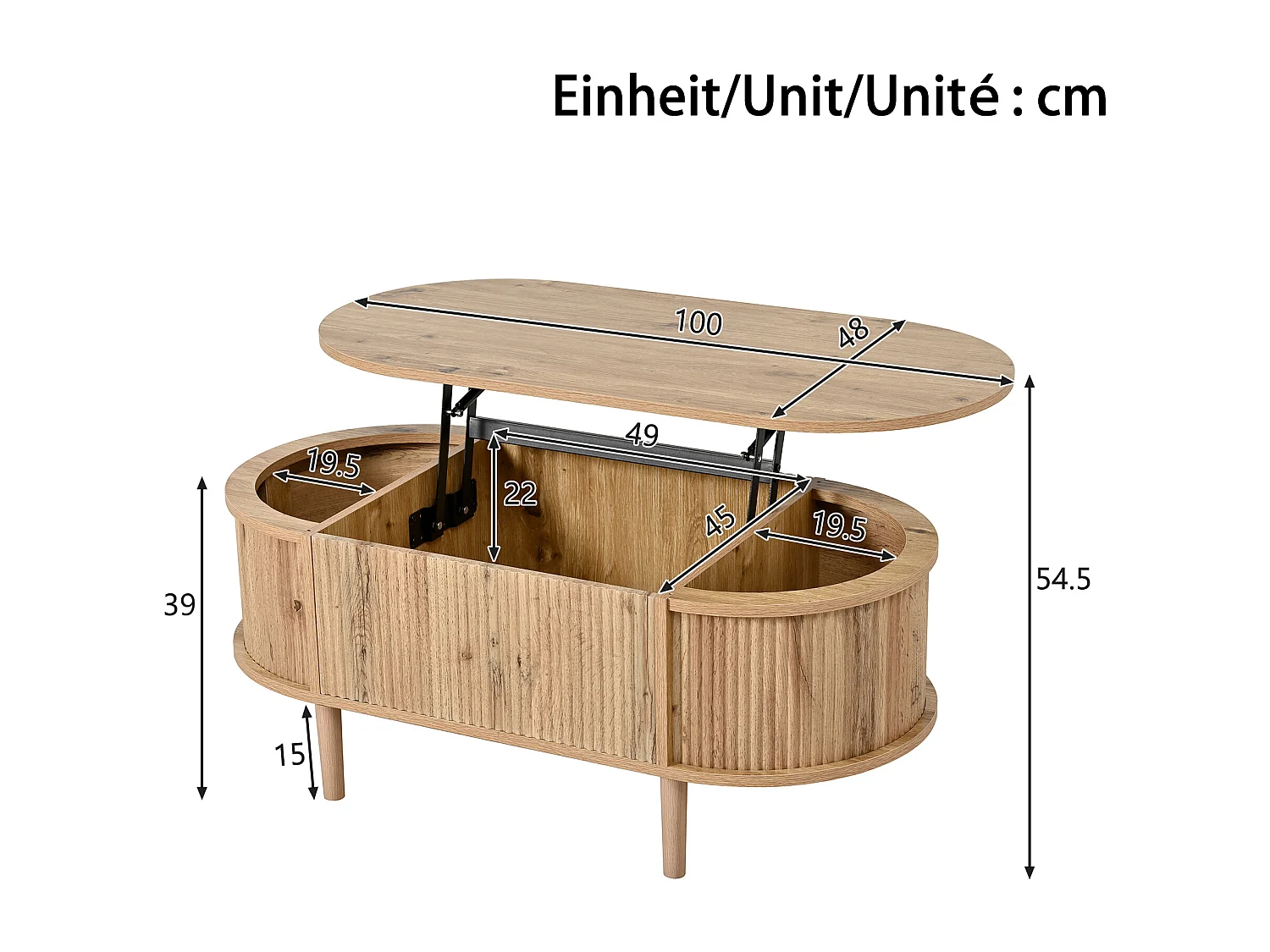Ovaler Couchtisch mit Hebemechanismus für das Wohnzimmer – 100 x 48 x 54,5 cm – mit Stauraum – MDF – natur