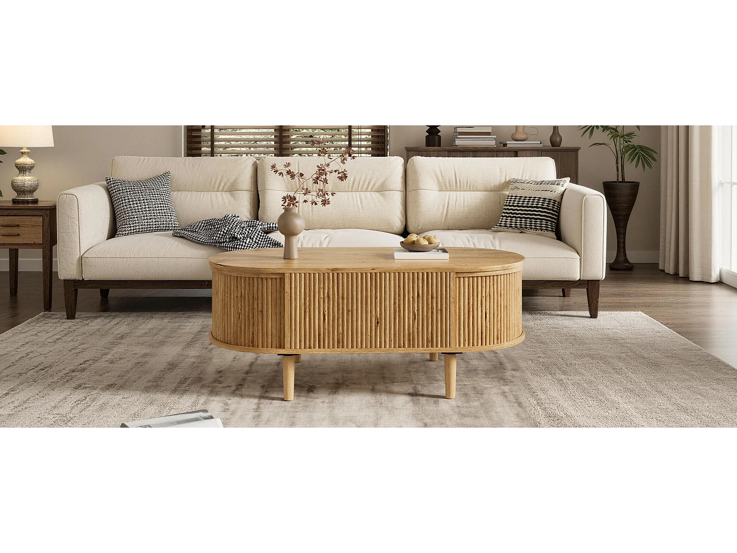 Ovaler Couchtisch mit Hebemechanismus für das Wohnzimmer – 100 x 48 x 54,5 cm – mit Stauraum – MDF – natur