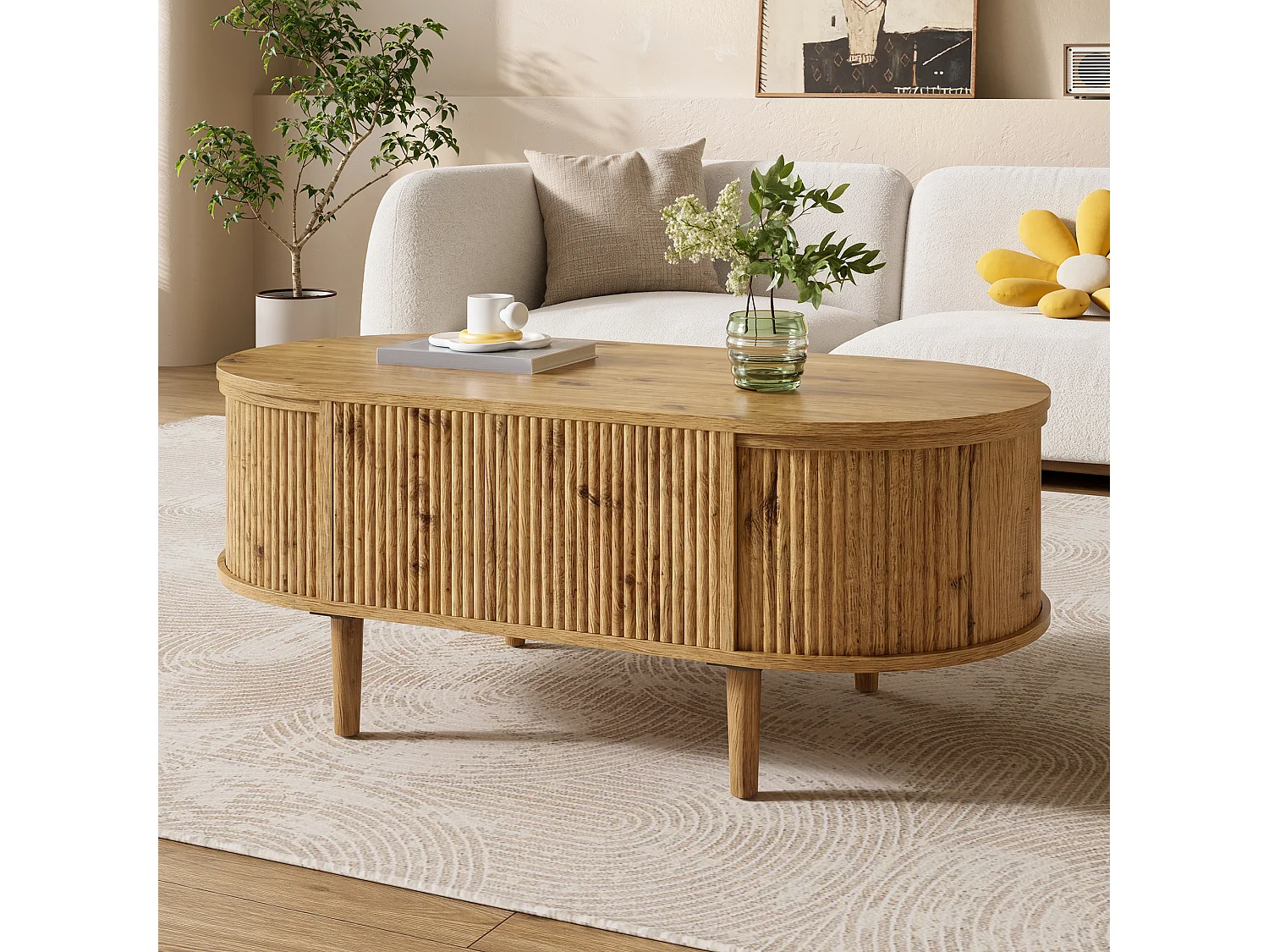 Ovaler Couchtisch mit Hebemechanismus für das Wohnzimmer – 100 x 48 x 54,5 cm – mit Stauraum – MDF – natur