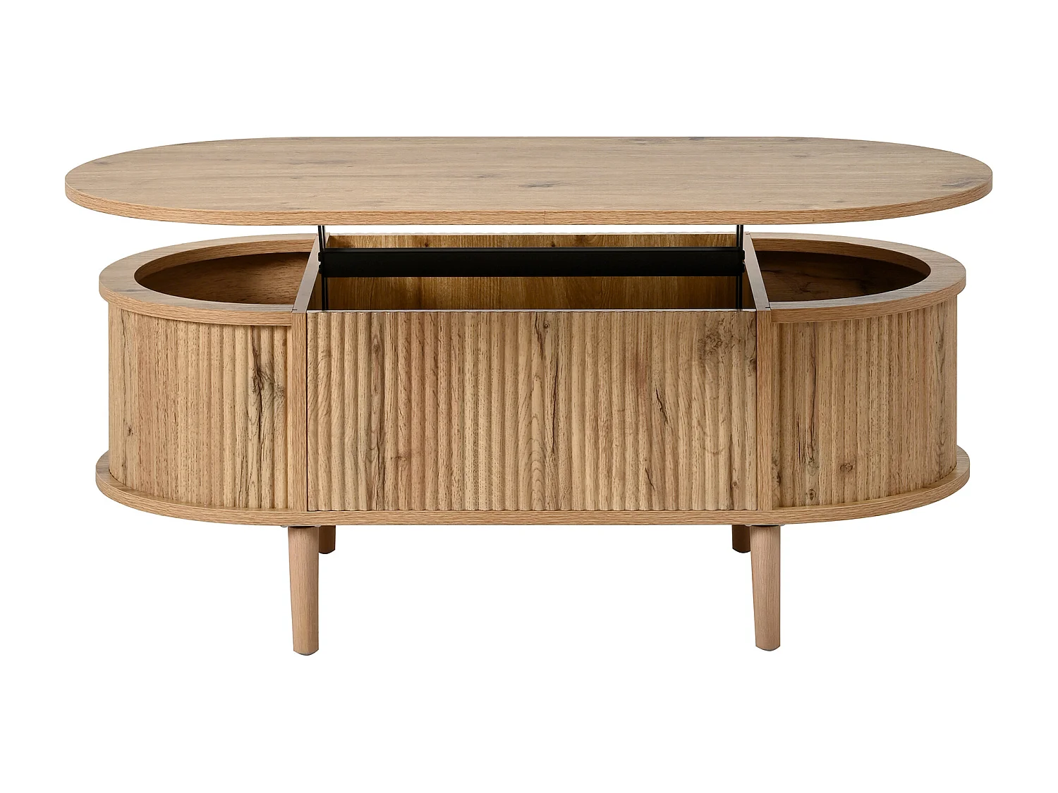 Ovaler Couchtisch mit Hebemechanismus für das Wohnzimmer – 100 x 48 x 54,5 cm – mit Stauraum – MDF – natur
