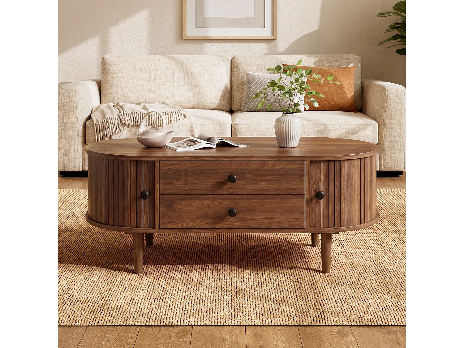 Ovale salontafel 100x50x40 cm - geribbeld design - 2 schuifdeuren en 2 lades - MDF - bruin