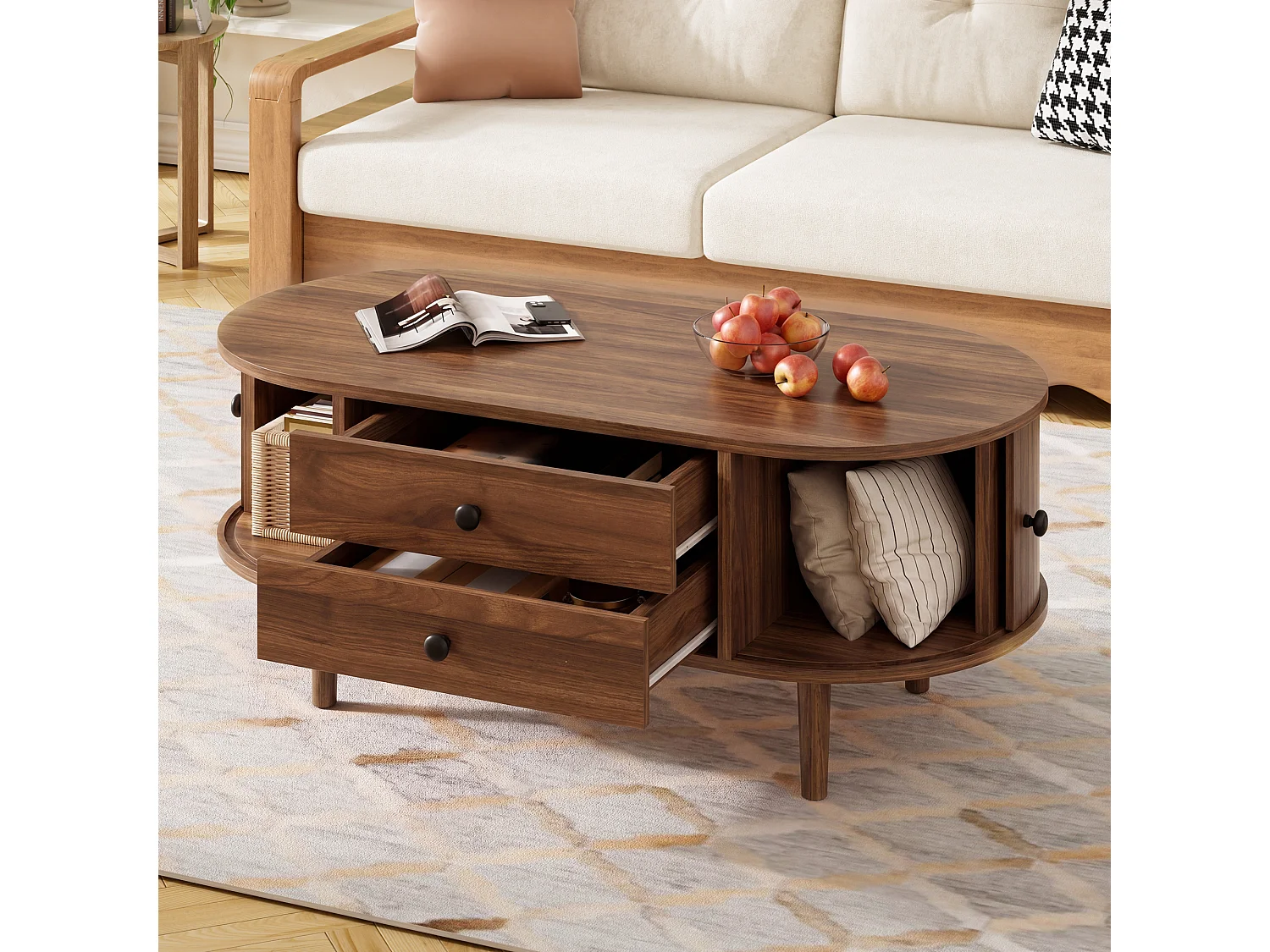Ovale salontafel 100x50x40 cm - geribbeld design - 2 schuifdeuren en 2 lades - MDF - bruin