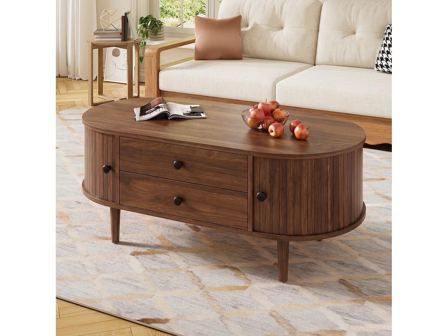 Ovale salontafel 100x50x40 cm - geribbeld design - 2 schuifdeuren en 2 lades - MDF - bruin