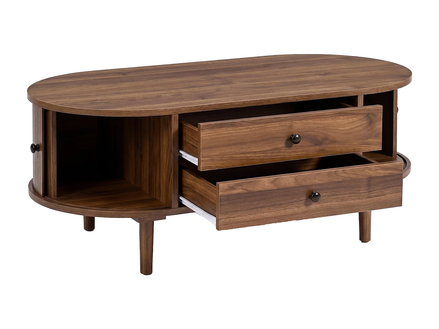 Ovale salontafel 100x50x40 cm - geribbeld design - 2 schuifdeuren en 2 lades - MDF - bruin