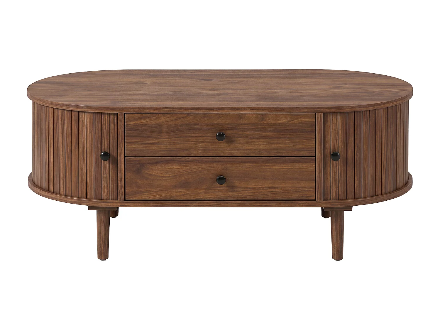 Ovale salontafel 100x50x40 cm - geribbeld design - 2 schuifdeuren en 2 lades - MDF - bruin
