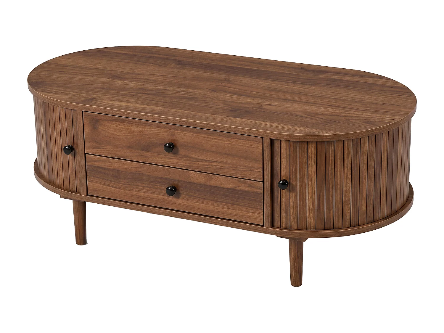 Ovale salontafel 100x50x40 cm - geribbeld design - 2 schuifdeuren en 2 lades - MDF - bruin