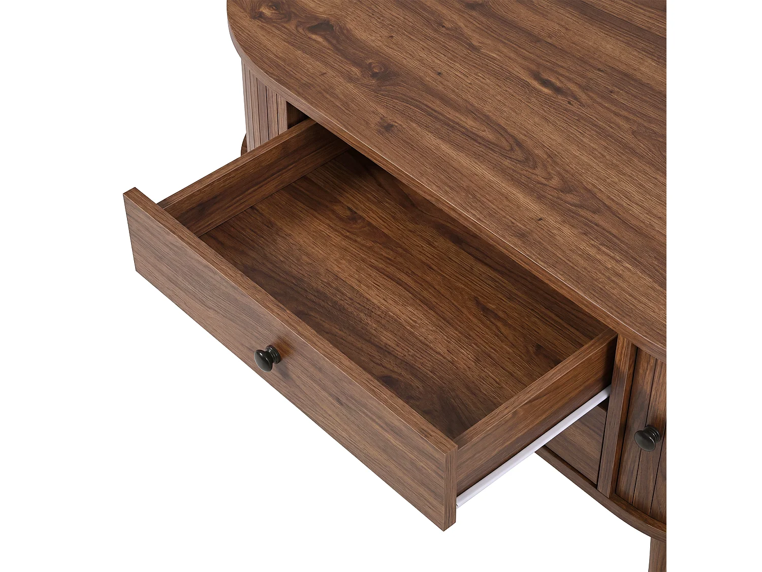 Ovale salontafel 100x50x40 cm - geribbeld design - 2 schuifdeuren en 2 lades - MDF - bruin
