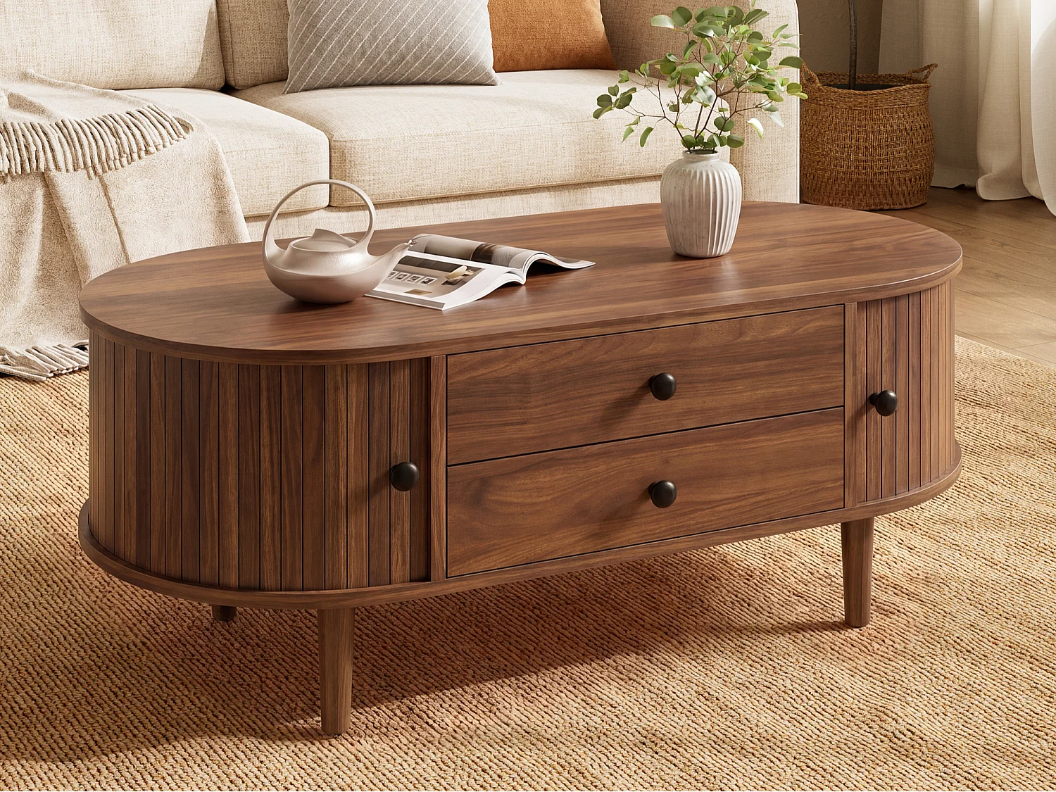 Ovale salontafel 100x50x40 cm - geribbeld design - 2 schuifdeuren en 2 lades - MDF - bruin