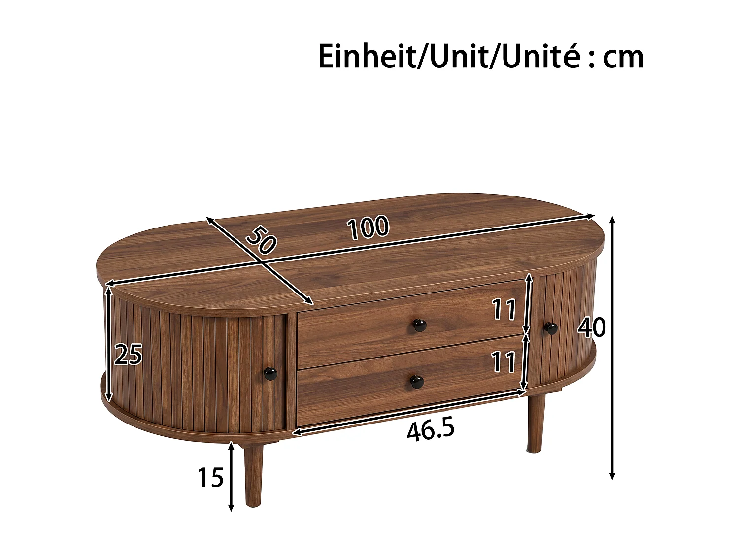 Ovale salontafel 100x50x40 cm - geribbeld design - 2 schuifdeuren en 2 lades - MDF - bruin