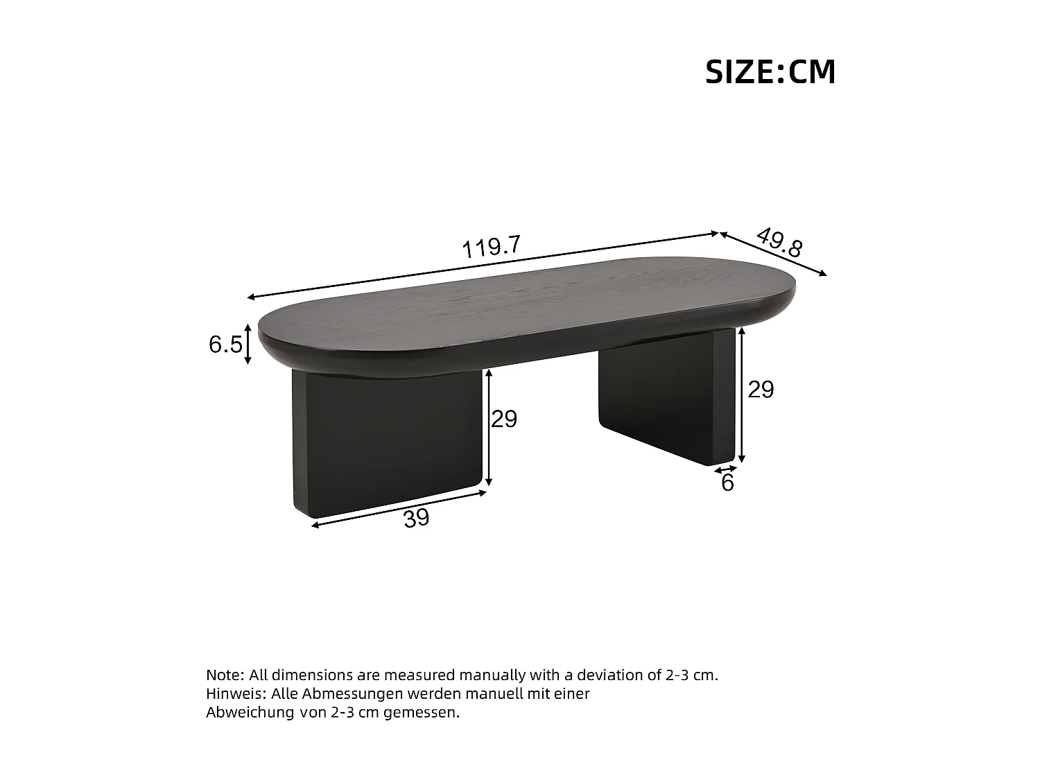 Modern coffee table 119.7x49.8x35.5 cm - oval shape - MDF - black
