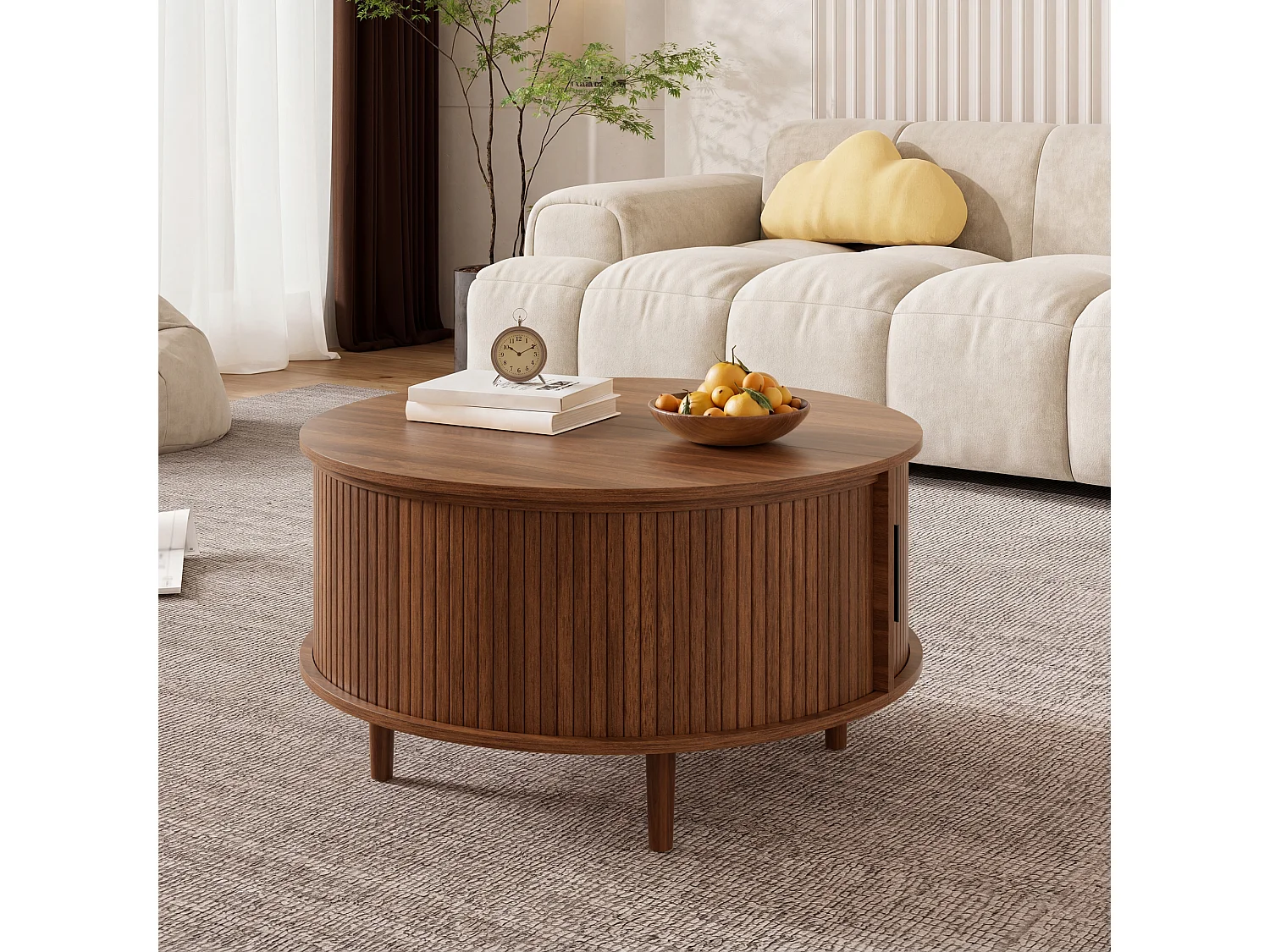 Runder Couchtisch mit Hubmechanismus für das Wohnzimmer – 80 x 80 x 59 cm – mit Schiebetür und Stauraum – MDF – braun