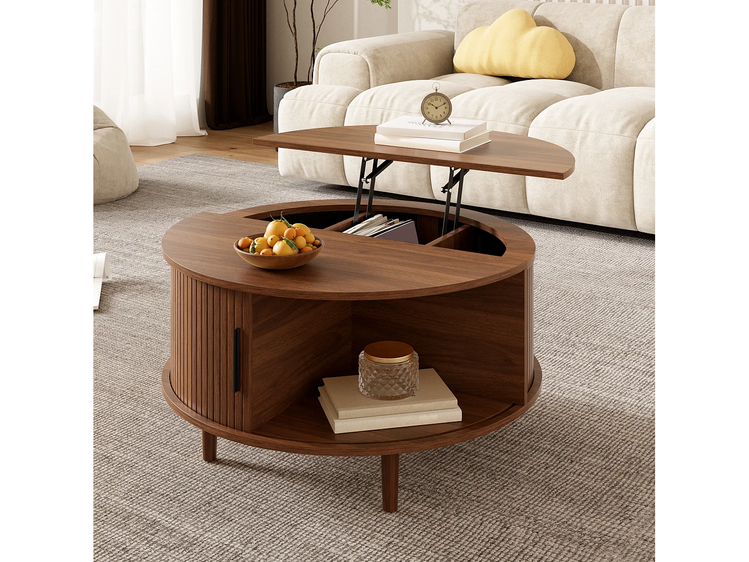 Runder Couchtisch mit Hubmechanismus für das Wohnzimmer – 80 x 80 x 59 cm – mit Schiebetür und Stauraum – MDF – braun