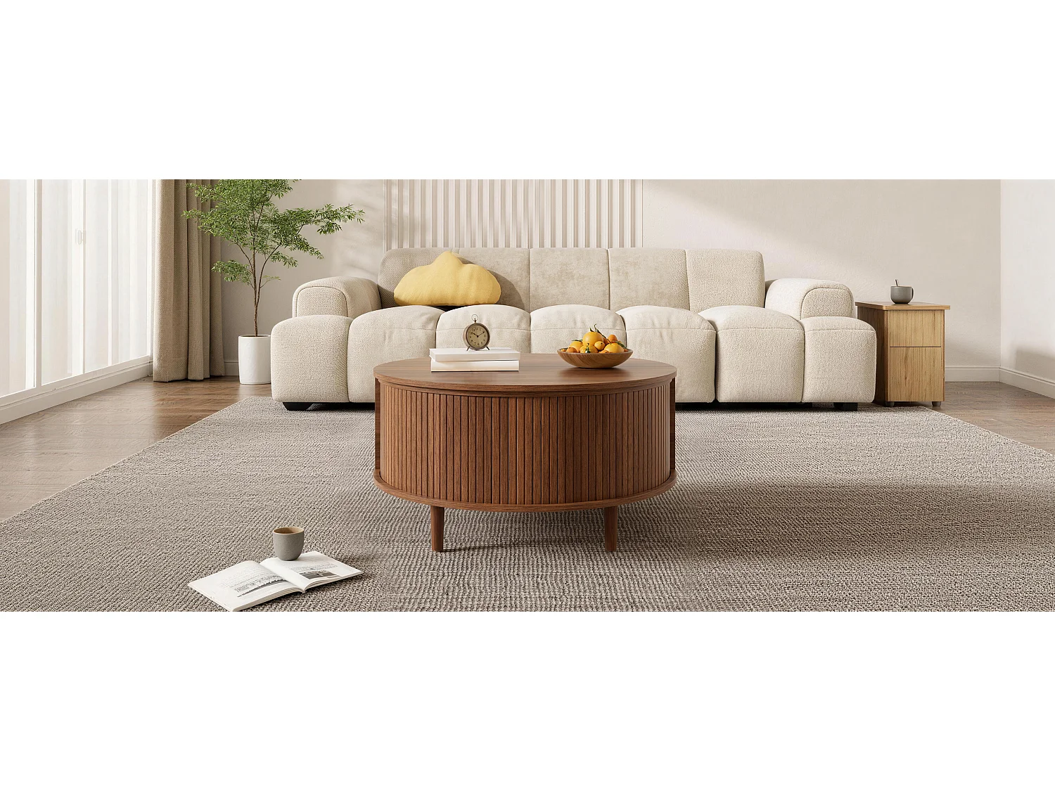 Runder Couchtisch mit Hubmechanismus für das Wohnzimmer – 80 x 80 x 59 cm – mit Schiebetür und Stauraum – MDF – braun